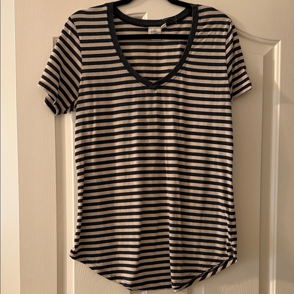 White Crow Black and Tan Striped V-Neck Tee
